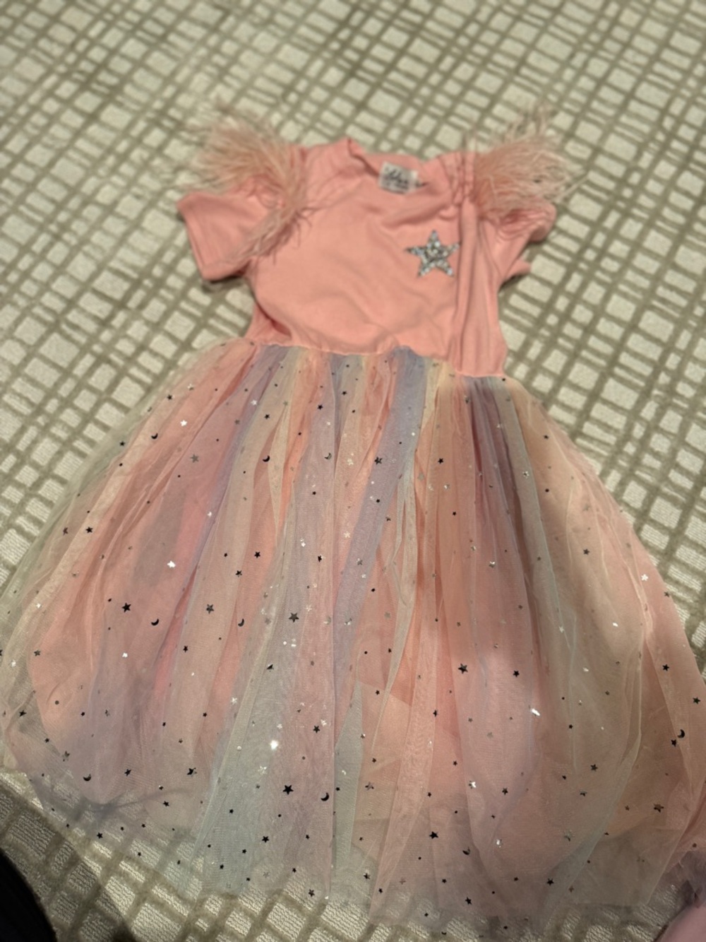 Lola and The Boys Pink Tulle Star Dress with Feather Sleeves